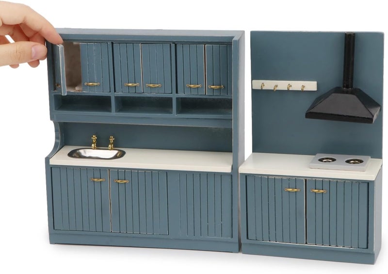 Cutemini Dollhouse Kitchen Set Miniature Wooden Furniture Cabinet Dining Room Kitchen Kit 1/12 Scale Wooden Dollhouse Accessories (Style-A-Blue) - Image 1