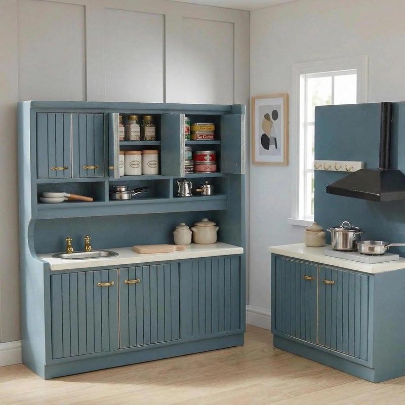 Cutemini Dollhouse Kitchen Set Miniature Wooden Furniture Cabinet Dining Room Kitchen Kit 1/12 Scale Wooden Dollhouse Accessories (Style-A-Blue) - Image 2