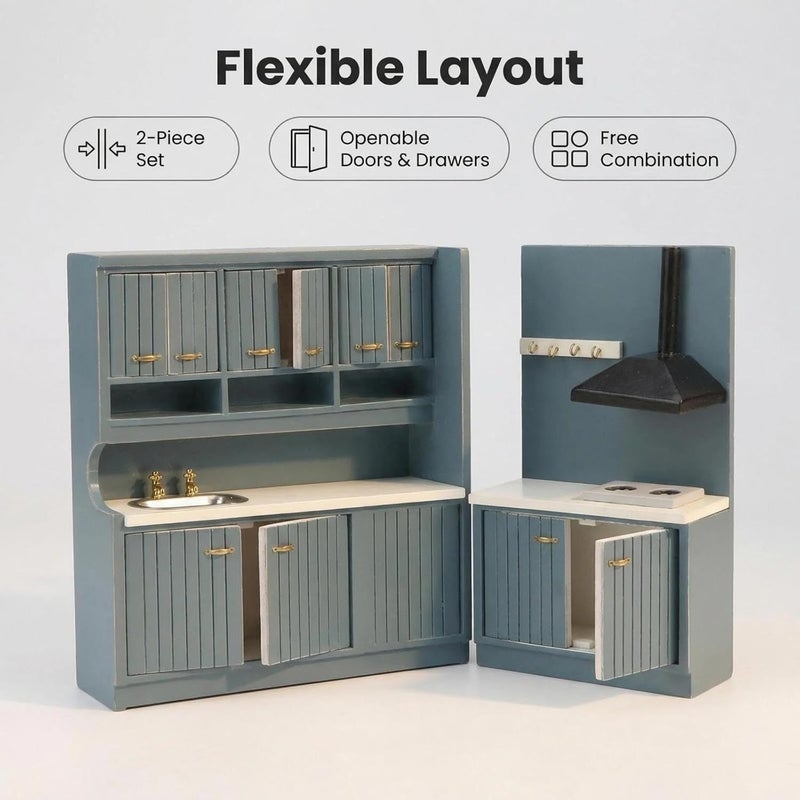 Cutemini Dollhouse Kitchen Set Miniature Wooden Furniture Cabinet Dining Room Kitchen Kit 1/12 Scale Wooden Dollhouse Accessories (Style-A-Blue) - Image 3