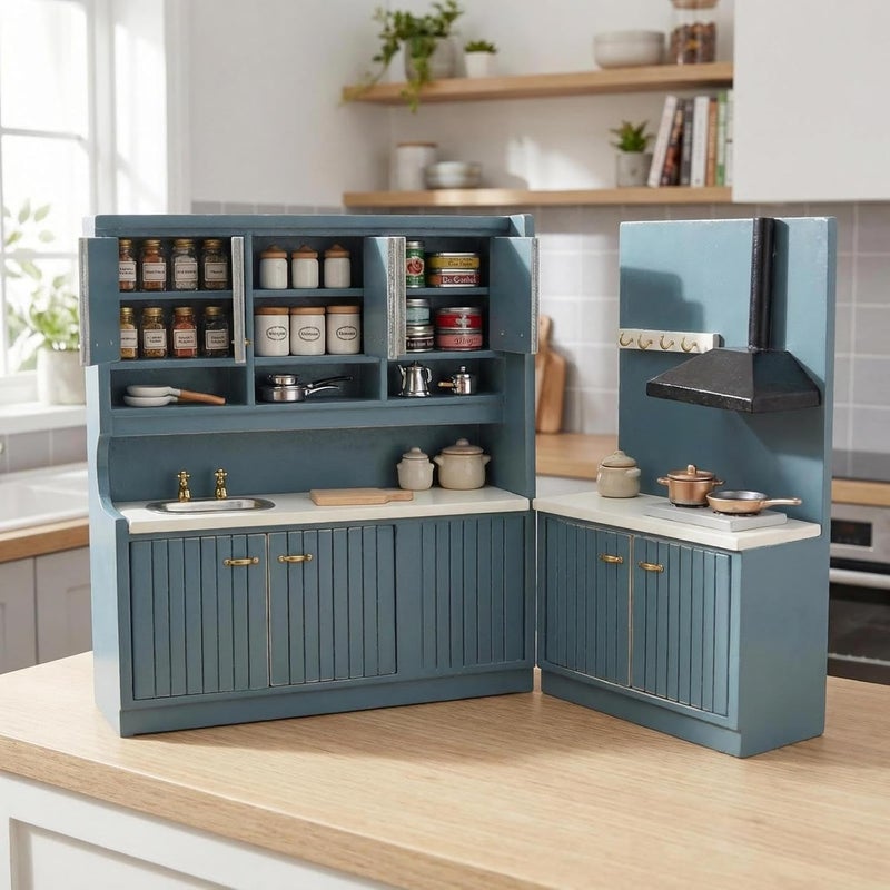Cutemini Dollhouse Kitchen Set Miniature Wooden Furniture Cabinet Dining Room Kitchen Kit 1/12 Scale Wooden Dollhouse Accessories (Style-A-Blue) - Image 5