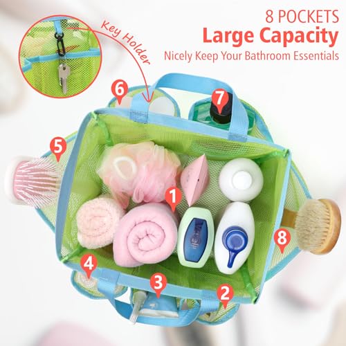 F-color Mesh Shower Caddy Portable, Upgrade Deeper 7 Pockets Shower Bag Basket Bag Tote for College Dorm Room Toiletry Bathroom Essentials Gym Camp Quick Dry 2 handles with S Hook - Image 2