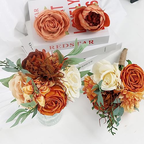 SEMONONIA Bridesmaid Bouquets for Wedding - Set of 6 Artificial Flowers Bouquet for Fall Wedding Decoration Marriage Proposal Party Ceremony Anniversary Dining Table Centerpieces - Burnt Orange - Image 2