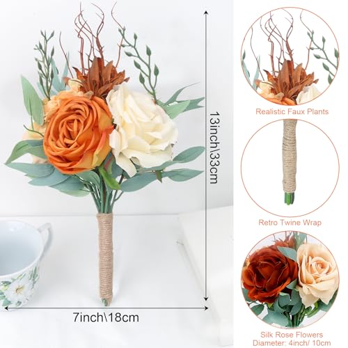 SEMONONIA Bridesmaid Bouquets for Wedding - Set of 6 Artificial Flowers Bouquet for Fall Wedding Decoration Marriage Proposal Party Ceremony Anniversary Dining Table Centerpieces - Burnt Orange - Image 5