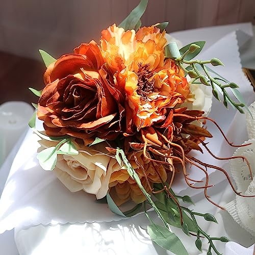 SEMONONIA Bridesmaid Bouquets for Wedding - Set of 6 Artificial Flowers Bouquet for Fall Wedding Decoration Marriage Proposal Party Ceremony Anniversary Dining Table Centerpieces - Burnt Orange - Image 4