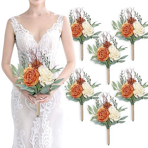 SEMONONIA Bridesmaid Bouquets for Wedding - Set of 6 Artificial Flowers Bouquet for Fall Wedding Decoration Marriage Proposal Party Ceremony Anniversary Dining Table Centerpieces - Burnt Orange - Image 1