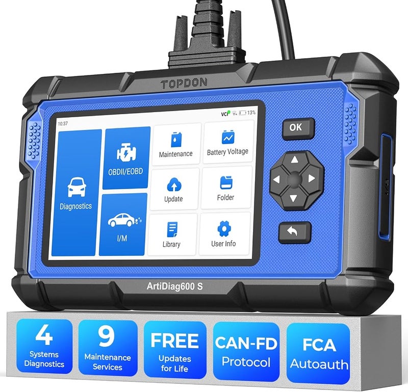 توب دون 1٫ أداة تشخيص سيارات TOPDON OBD2 Code Reader Scanner ArtiDiag600S، تدعم إعادة ضبط أنظمة الوقود (Oil/BMS)، ونظام الفرامل المانعة للانغلاق (ABS)، ونظام التحكم في الثبات (SAS)، ونظام المساعدة على الانطلاق (EPB)، وفلتر الغبار (DPF)، ونظام مراقب - Image 1