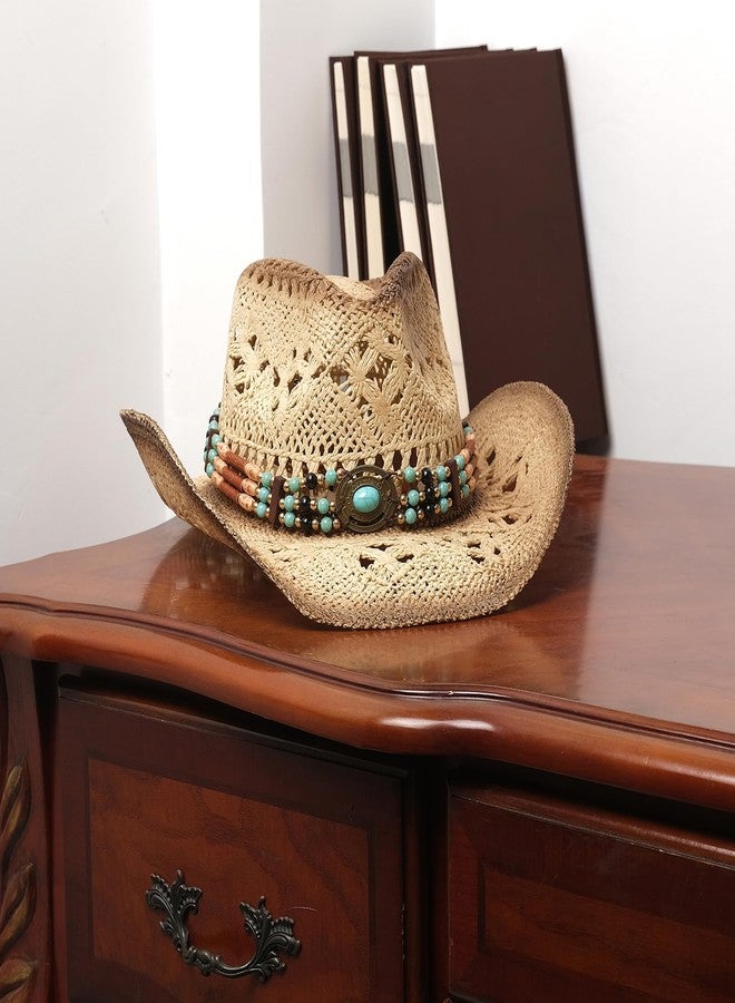 Foeran Men's Women's Straw Cowboy Hat Cowgirl Woven Sun Hat Western Cowboy Hat Two Decorative Bands White-Turquoise - Image 4