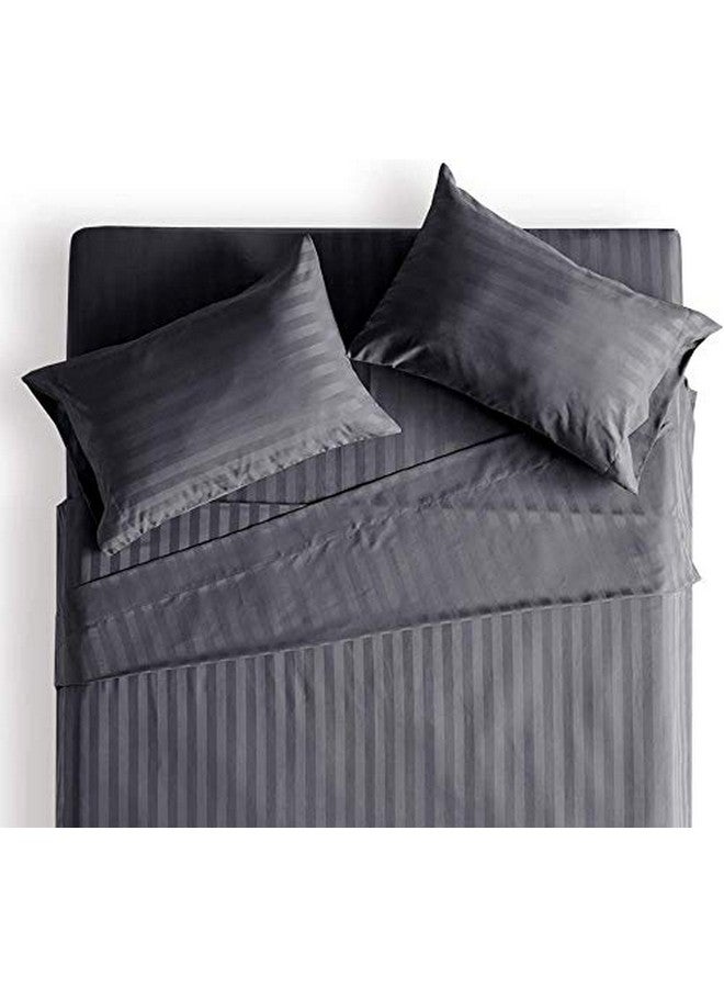 LINENWALAS Linenwalas Summer Special 100% Anti-Pilling Cotton 310 TC Satin Stripes Queen Fitted Bedsheet with 2 Pillow Covers, Grey - 60"x78"x14" - Image 1
