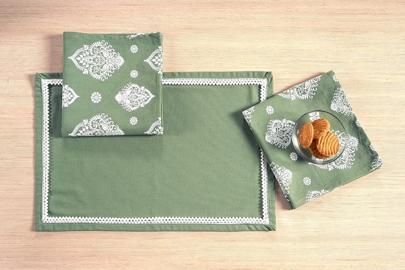 Swayam Green,White 100% Cotton Gharana Dinner Napkin Set of 6 pcs - Image 2