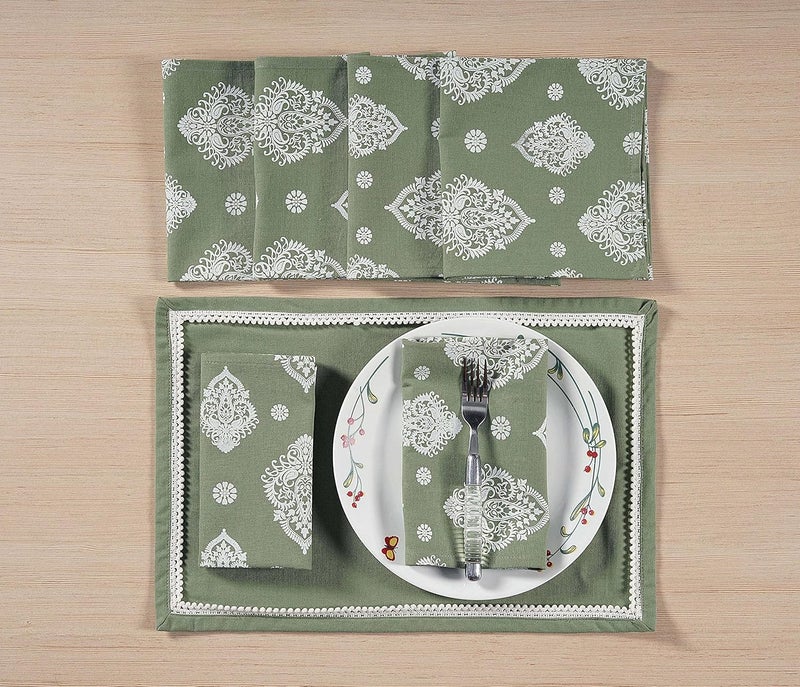 Swayam Green,White 100% Cotton Gharana Dinner Napkin Set of 6 pcs - Image 1