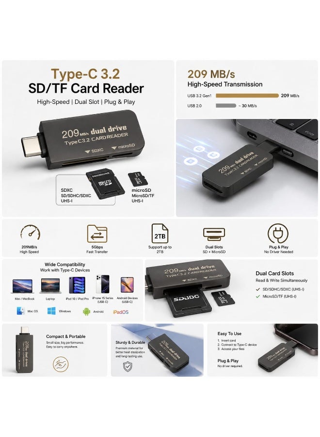 قارئ بطاقات SD/Micro SD بمنفذ USB-C 3.2، محول بطاقة ذاكرة مزدوج الفتحات بسرعة 209 ميجابايت/ثانية لأجهزة Mac والكمبيوتر المحمول والآيباد والآيفون - Image 3