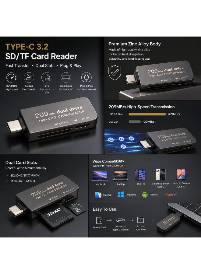 قارئ بطاقات SD/Micro SD بمنفذ USB-C 3.2، محول بطاقة ذاكرة مزدوج الفتحات بسرعة 209 ميجابايت/ثانية لأجهزة Mac والكمبيوتر المحمول والآيباد والآيفون - Image 2