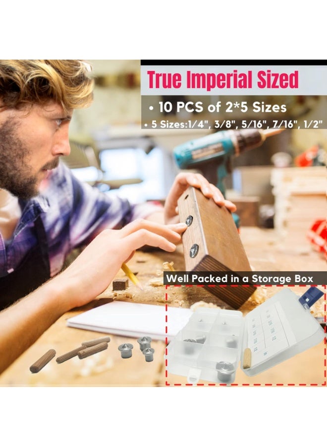 MinliGUY 10PCS Stainless Steel Dowel Pin Centers Drilling Hole Tool Set with Sharp Point for Woodworking Tools, Solid Dowel and Tenon Center Transfer Plugs (5 Sizes of 1/4" 3/8" 5/16" 7/16" 1/2") - Image 3