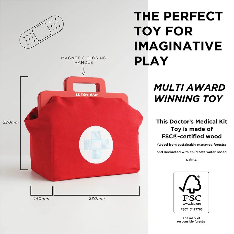 Le Toy Van - Kids Wooden Educational Pretend Play Honeybake Doctor's Medical Play Set Kit | Kids Pretend Play Role Play For Boys And Girls | 3 Year Old +, 8.66" x 5.70" x 5.90" (TV292), Red - Image 4