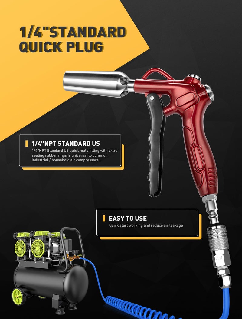 EVOULTES High Volume Air Blow Gun with Powerful Flow Nozzle, Retro Red Air Nozzle Blower Gun with 4.9" Stainless Steel Extension & 1/4'' Standard Quick Plug, Pneumatic Tool for Air Compressor Accessories - Image 5