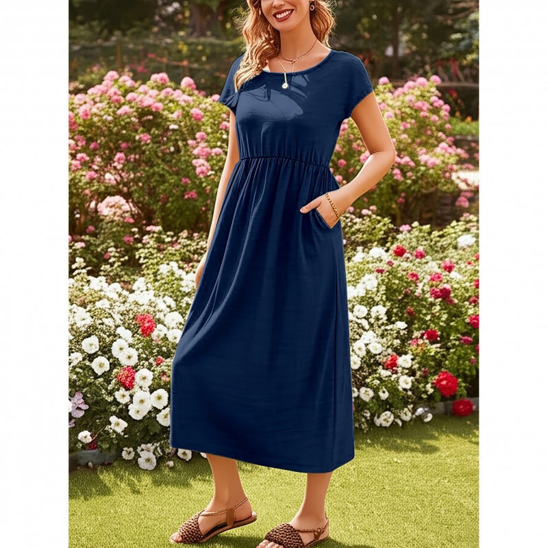 Solid Color Ice Silk Round Neck Short Sleeve A-Line Maxi Dress - Image 3