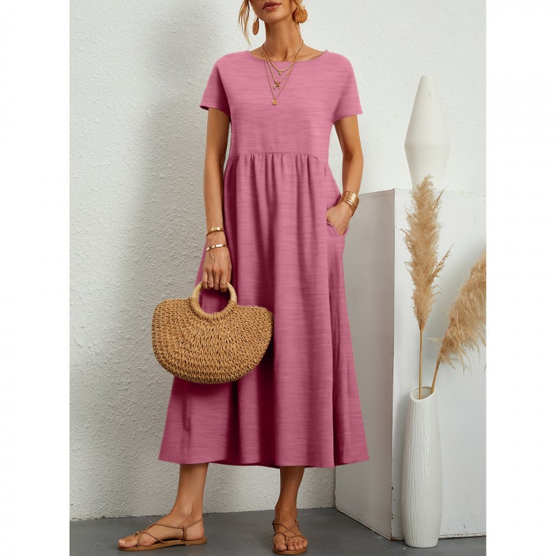 Solid Color Ice Silk Round Neck Short Sleeve A-Line Maxi Dress - Image 4