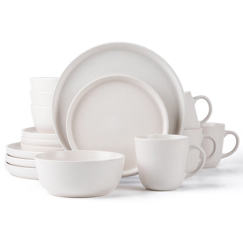 Arora SKUGGA Round Stoneware 16pc Dinnerware Set of 4 Dinner Plates Side Plates Cereal Bowls Mugs  Matte White 466817