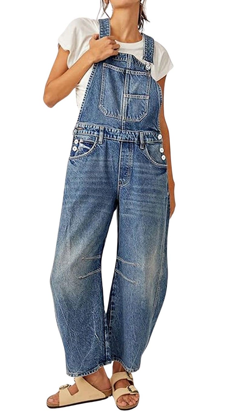 yoeasy Womens Denim Bib Overalls Barrel Wide Leg Baggy Adjustable Strap Denim Pants Jumpsuits with Pockets (Small, Blue) - Image 1