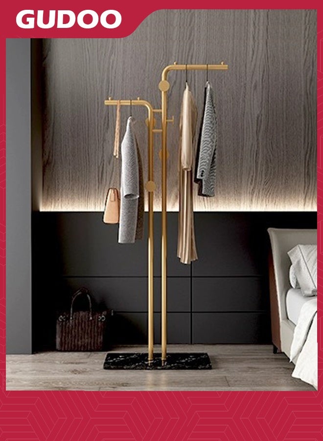 GUDOO Double-pole Coat Racks Freestanding Metal Gold Clothing Rack with 5 Hooks and Marble Base Modern Coat Hanger Stand for Entryway Living Room Bedroom  - Image 2