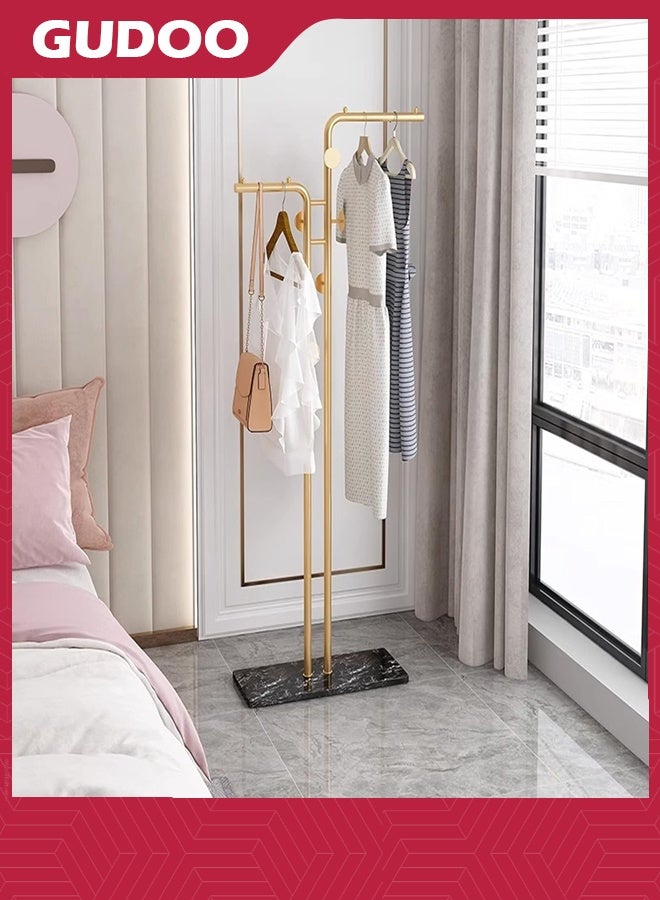 GUDOO Double-pole Coat Racks Freestanding Metal Gold Clothing Rack with 5 Hooks and Marble Base Modern Coat Hanger Stand for Entryway Living Room Bedroom  - Image 1