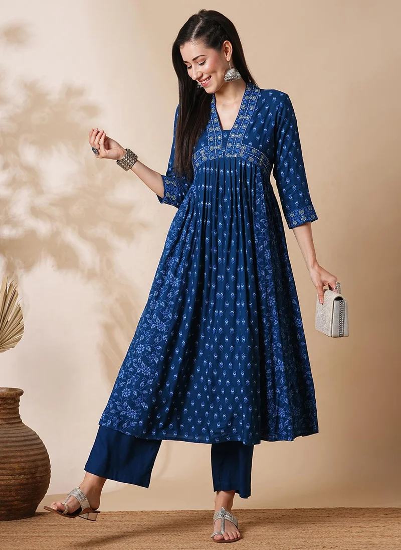 Globus Women Allover Printed Pleated & Panelled A-Line Kurta With Narrow Pants Workwear Set