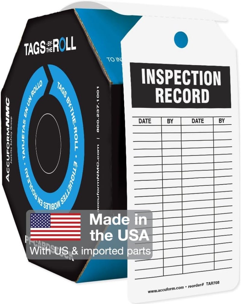 Accuform 100 Inspection and Status Record Tags by-The-Roll, Inspection Record, US Made OSHA Compliant Tags, Waterproof PF-Cardstock, Resists Tears, 6.25"x3", TAR708 - Image 1