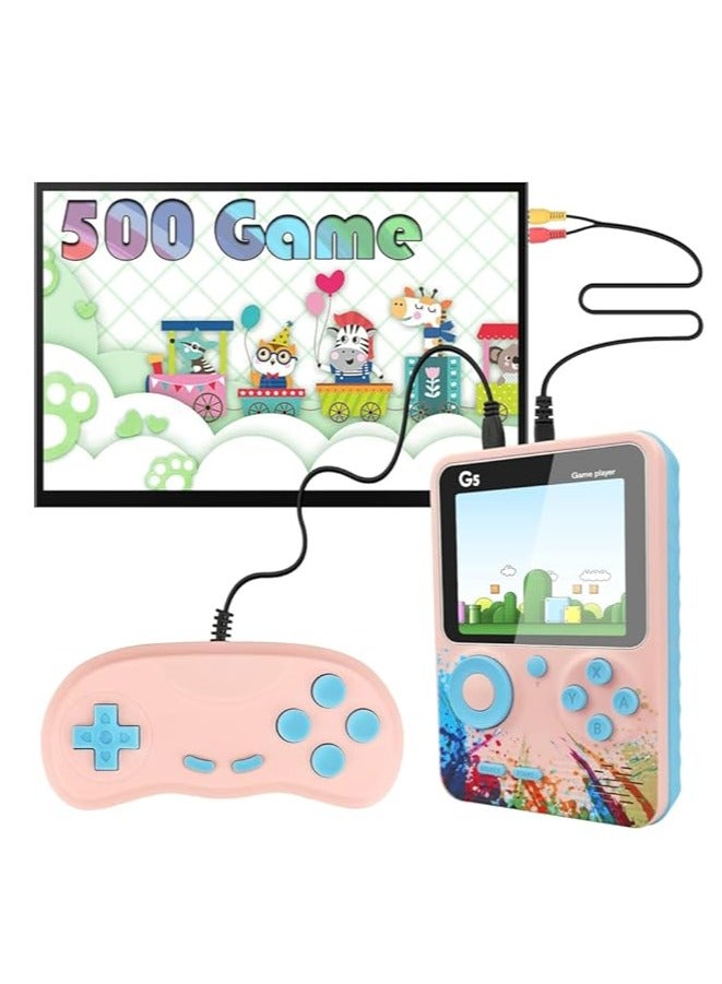 G5 500 in 1 Compact Game Console 3 Inch Color LCD Display with TV Output USB Rechargeable for Classic Games - Pink - Image 1