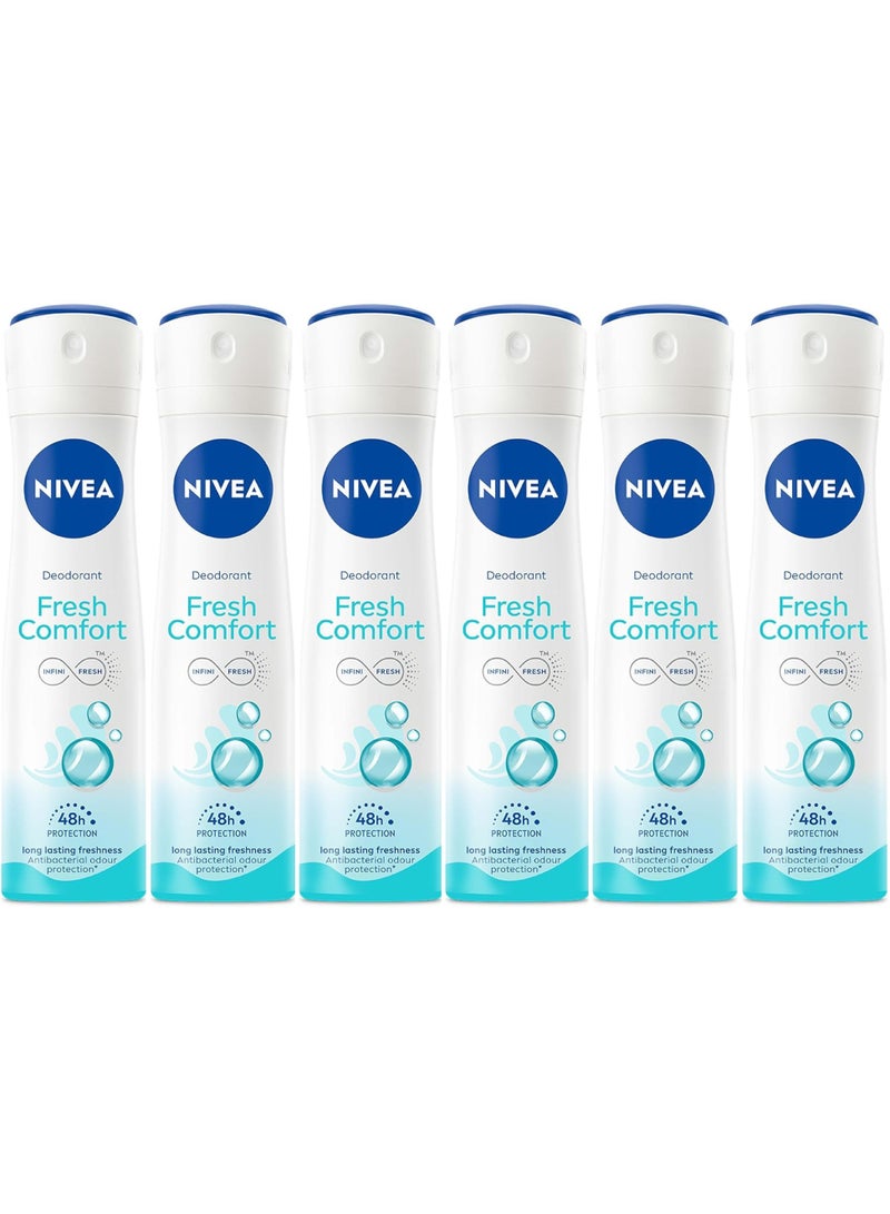Nivea Fresh Comfort Deodorant Spray For Women 150ml (Pack of 6) - Image 1