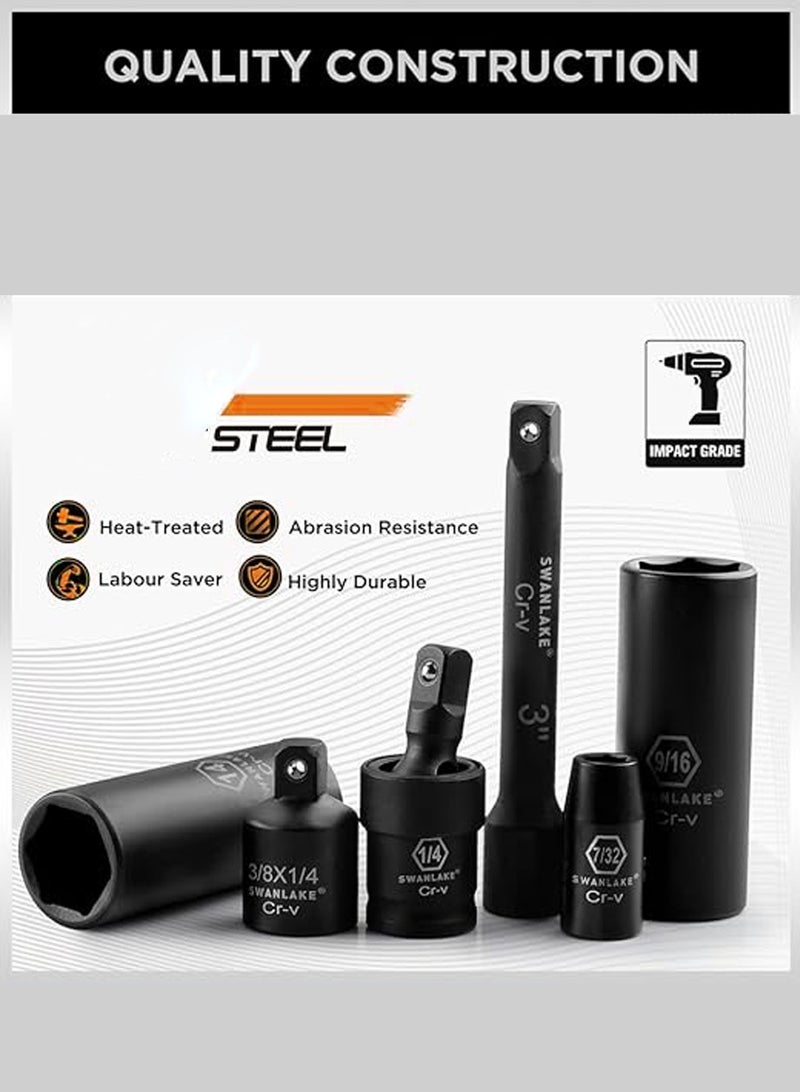 جي جوت مجموعة فتحات تأثير 1/4 بوصة، 56 قطعة من مقاسات SAE القياسية (من 5/32 إلى 9/16 بوصة) ومقاسات متري (4-15 مم)، 6 نقاط، Cr-V، مقبض مفتاح راشت 1/4 بوصة، قضيب امتداد القيادة، وصلة عالمية للتأثير. - Image 5