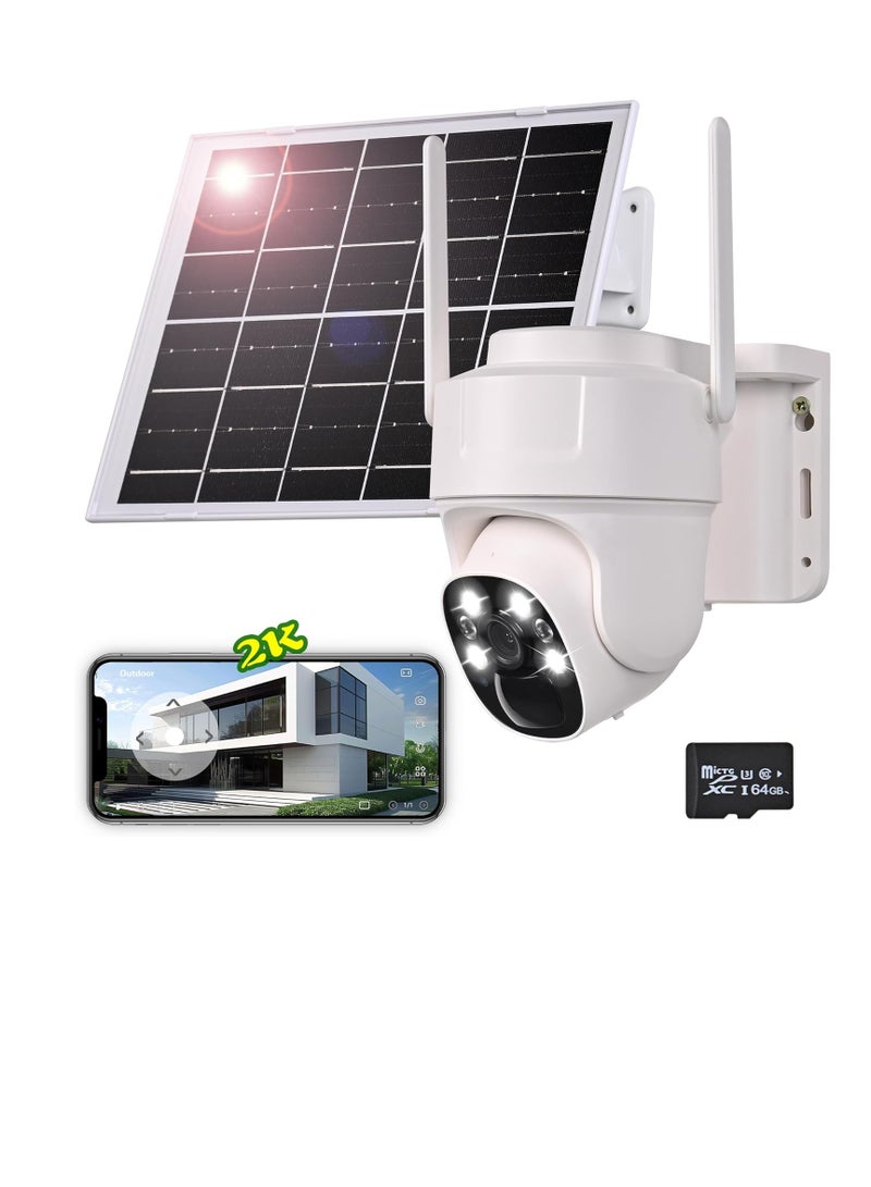 Outdoor Wi-Fi Camera with Wireless Solar Panel Surveillance Camera Battery Energy Kit Video Surveillance, Alarm with PIR Detection 2K Night Vision Colour 360°PTZ+64GB SD Card - Image 1