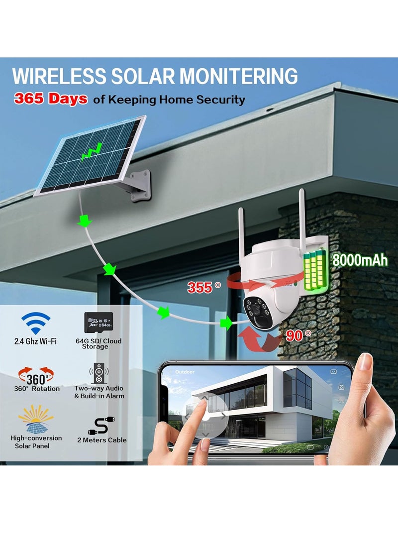 Outdoor Wi-Fi Camera with Wireless Solar Panel Surveillance Camera Battery Energy Kit Video Surveillance, Alarm with PIR Detection 2K Night Vision Colour 360°PTZ+64GB SD Card - Image 2