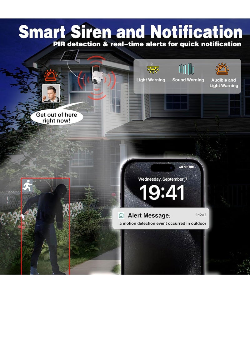 Outdoor Wi-Fi Camera with Wireless Solar Panel Surveillance Camera Battery Energy Kit Video Surveillance, Alarm with PIR Detection 2K Night Vision Colour 360°PTZ+64GB SD Card - Image 3