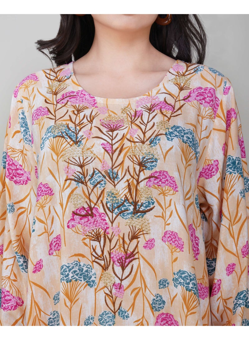 Linelle Ladies Floral Jalabiya – Pink and Blue Full-Sleeve Rayon Dress with Embroidered Neck Design - Image 5