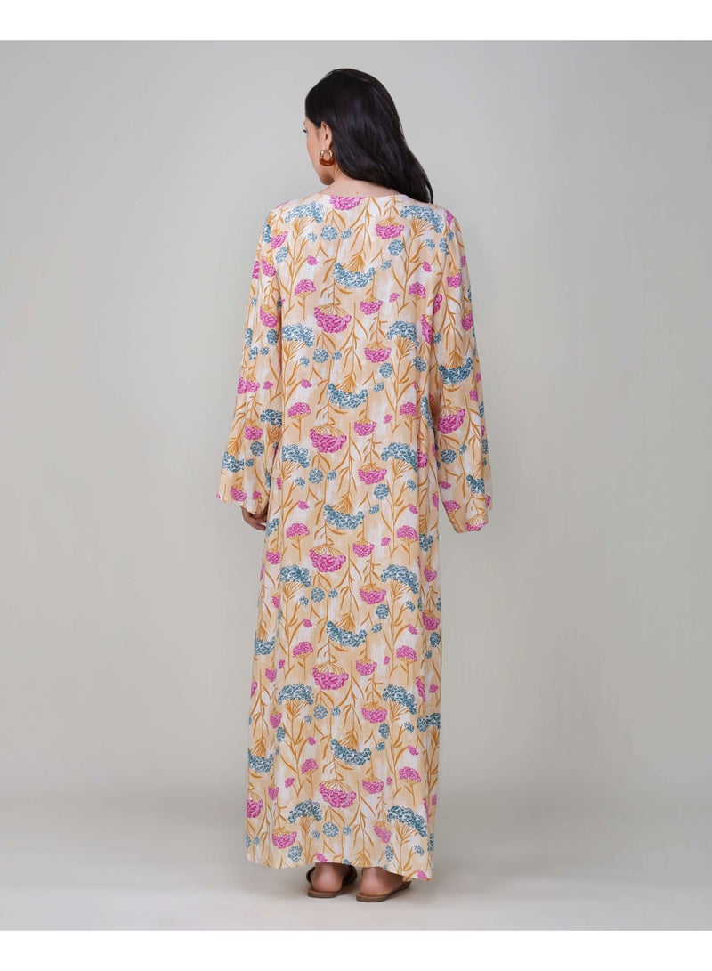 Linelle Ladies Floral Jalabiya – Pink and Blue Full-Sleeve Rayon Dress with Embroidered Neck Design - Image 2