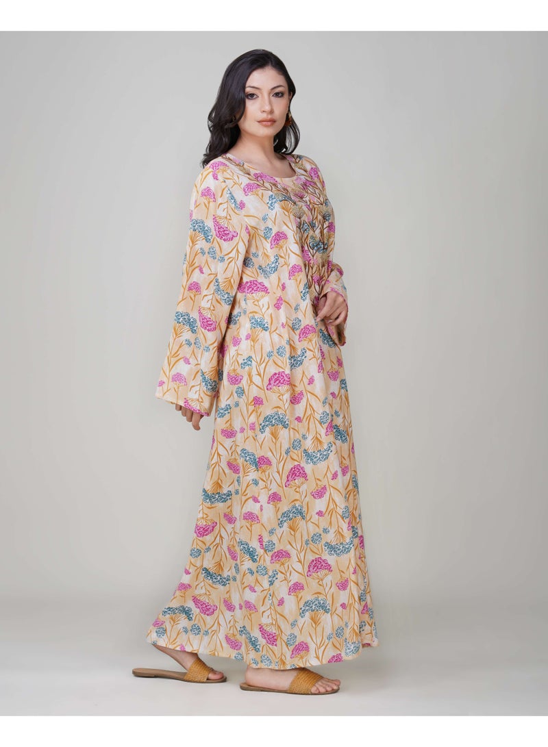Linelle Ladies Floral Jalabiya – Pink and Blue Full-Sleeve Rayon Dress with Embroidered Neck Design - Image 4