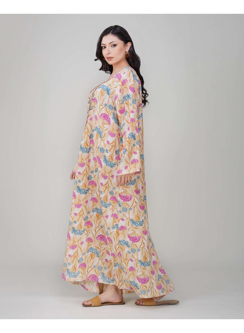 Linelle Ladies Floral Jalabiya – Pink and Blue Full-Sleeve Rayon Dress with Embroidered Neck Design - Image 3