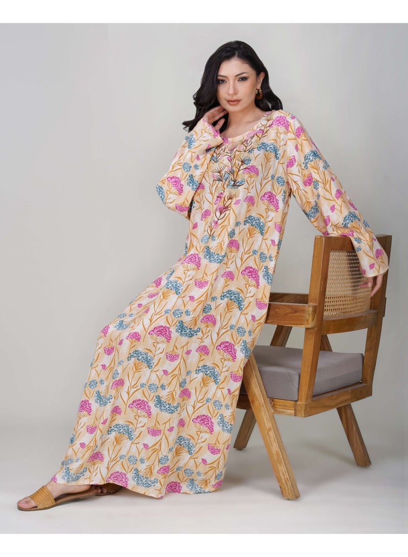 Linelle Ladies Floral Jalabiya – Pink and Blue Full-Sleeve Rayon Dress with Embroidered Neck Design - Image 1
