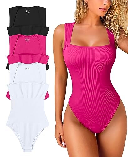 OQQ Women's 3 Piece Bodysuits Sexy Ribbed Strappy Square Neck Sleeveless Tummy Control Tank Tops Bodysuits Black Rose3 White - Image 1