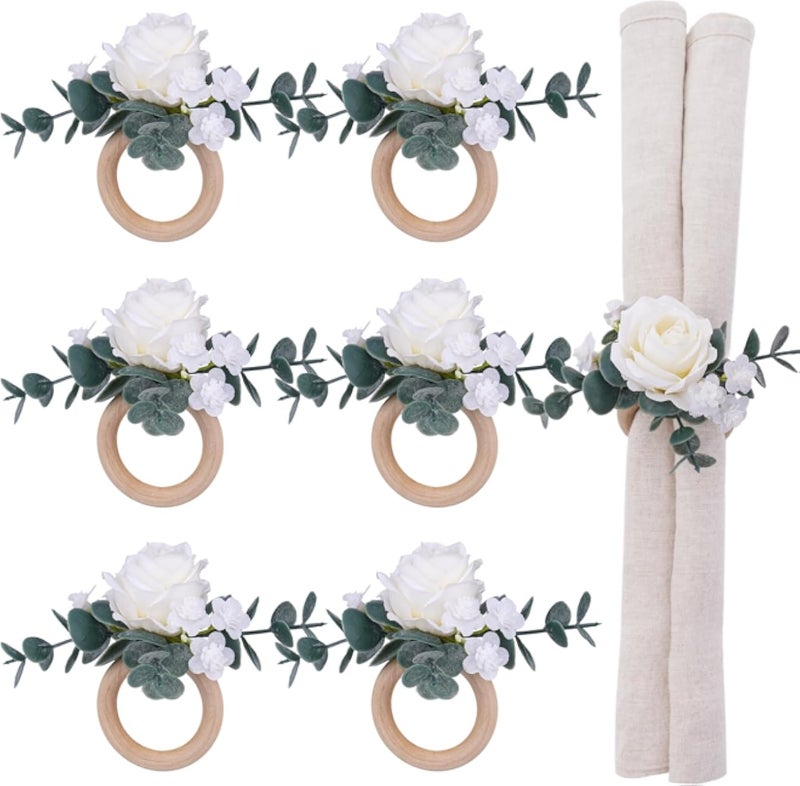 مجموعة حلقات مناديل مزينة بالزهور البيضاء (6 قطع) - حلقات مناديل مزينة بالورود مع أوراق الأوكالبتوس لتزيين طاولات حفلات الزفاف، وحلقات مناديل مزينة بالزهور الخضراء لحفلات العشاء والمآدب.