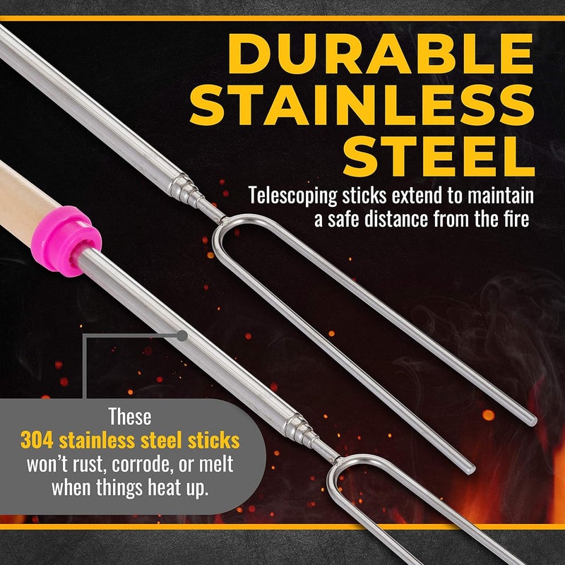 CORQUE Marshmallow Roasting Sticks, Smores Sticks, Extendable, Camping Skewer for Fire Pit, Wooden Handle, 32inch Metal for BBQ Hotdog, Cooking, Campfires, Bonfires, Set of 8 - Image 3