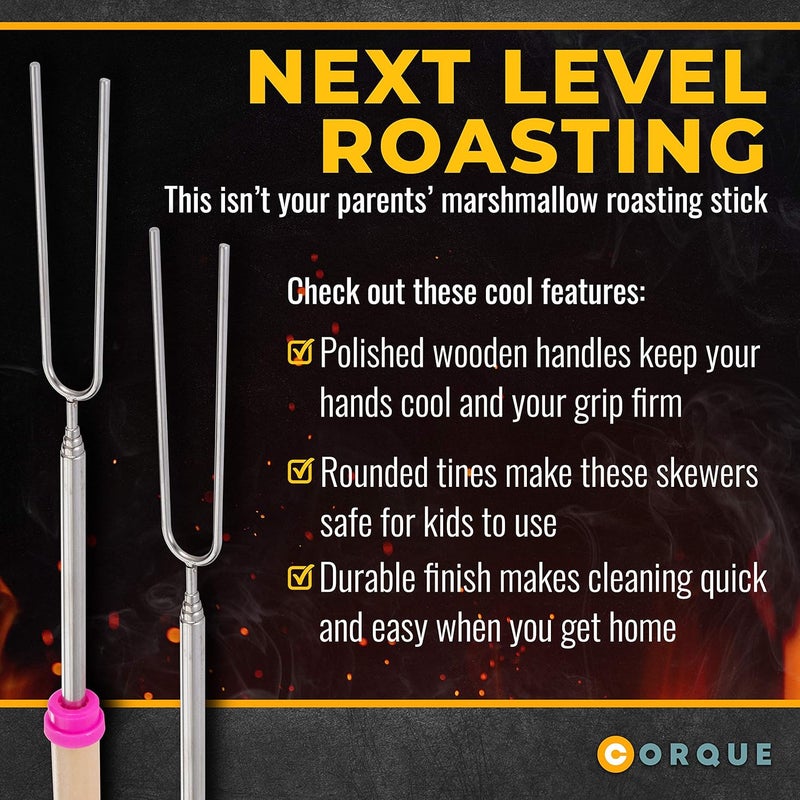 CORQUE Marshmallow Roasting Sticks, Smores Sticks, Extendable, Camping Skewer for Fire Pit, Wooden Handle, 32inch Metal for BBQ Hotdog, Cooking, Campfires, Bonfires, Set of 8 - Image 4