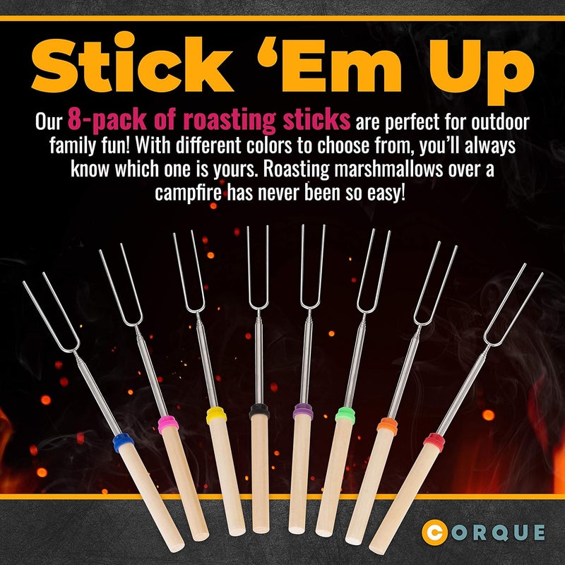 CORQUE Marshmallow Roasting Sticks, Smores Sticks, Extendable, Camping Skewer for Fire Pit, Wooden Handle, 32inch Metal for BBQ Hotdog, Cooking, Campfires, Bonfires, Set of 8 - Image 2
