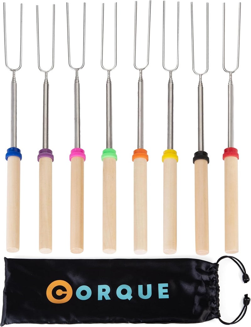 CORQUE Marshmallow Roasting Sticks, Smores Sticks, Extendable, Camping Skewer for Fire Pit, Wooden Handle, 32inch Metal for BBQ Hotdog, Cooking, Campfires, Bonfires, Set of 8 - Image 1