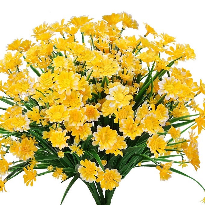 ARTIFICIAL DAISIES FLOWERS OUTDOOR UV RESISTANT 4 BUNDLES FAKE FOLIAGE GREENERY FAUX PLANTS SHRUBS PLASTIC BUSHES FOR WINDOW BOX HANGING PLANTER FARMHOUSE INDOOR OUTSIDE DECORYELLOW