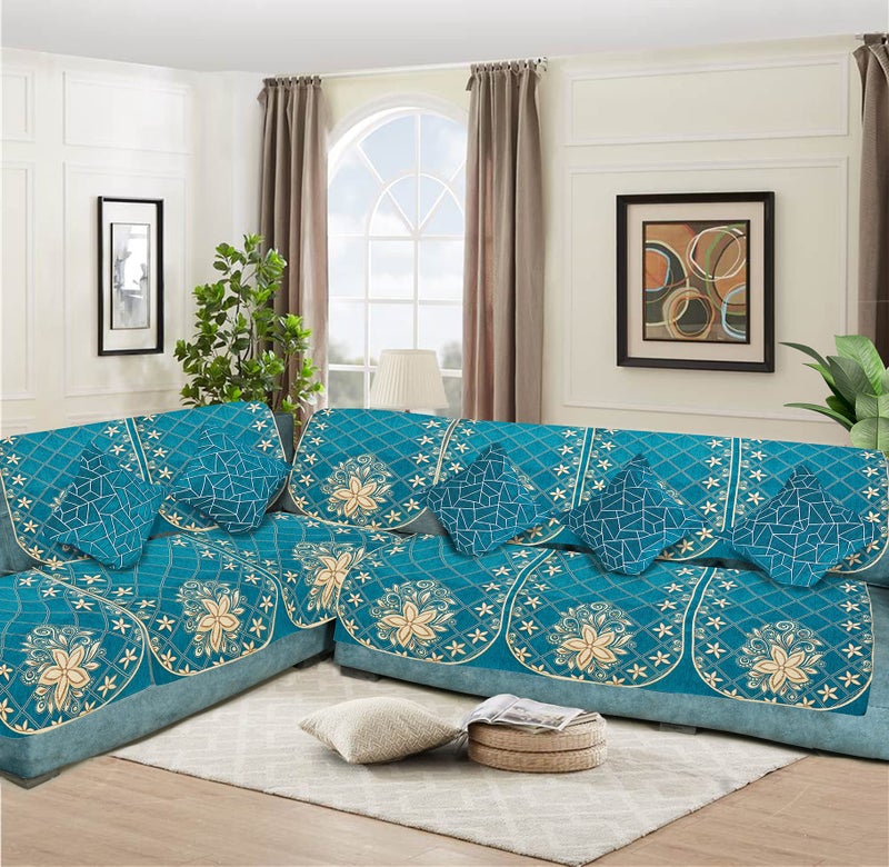 Dazzling DECOR L Shape Velvet Sofa Cover Set - Printed Sofa Back Slip Covers Panels 3 and 2 and 1 Seater Cover for Long Sofa Couch - Premium Slip Cover Protector with Cushion Covers, Aqua_1152-02 - Image 1