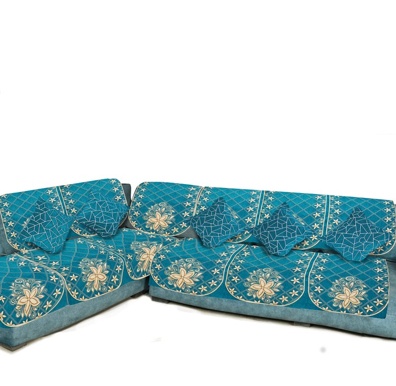 Dazzling DECOR L Shape Velvet Sofa Cover Set - Printed Sofa Back Slip Covers Panels 3 and 2 and 1 Seater Cover for Long Sofa Couch - Premium Slip Cover Protector with Cushion Covers, Aqua_1152-02 - Image 2