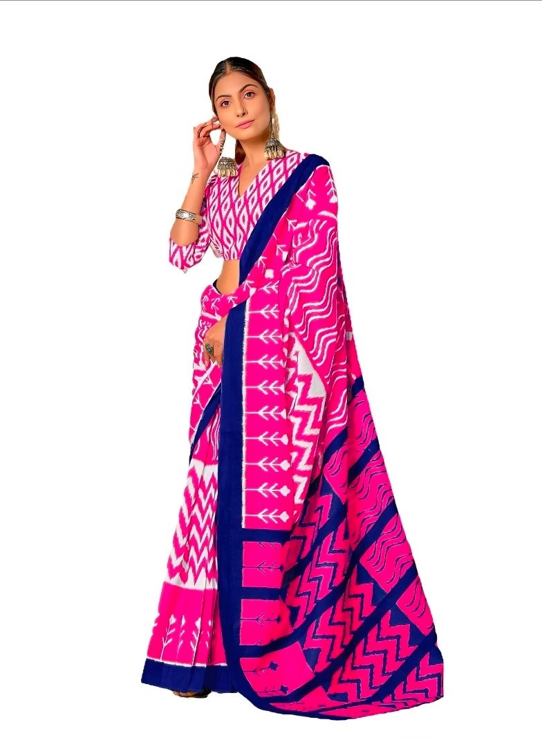 جــرابــمـــا نــتــرا   ساري إيكات قطني مولمول باللون الوردي الفاتح مع بلوزة غير مخيطة - Image 1