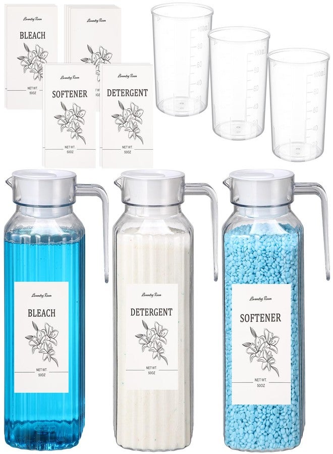 Potchen 3 Pcs 50 oz Laundry Detergent Dispenser Fabric Softener Dispenser with Labels Measuring Cups Soap Bleach Container Liquid Detergent Containers for Laundry Room Organization Storage - Image 1