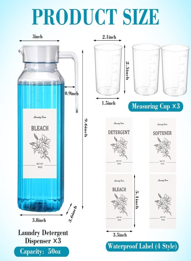 Potchen 3 Pcs 50 oz Laundry Detergent Dispenser Fabric Softener Dispenser with Labels Measuring Cups Soap Bleach Container Liquid Detergent Containers for Laundry Room Organization Storage - Image 2